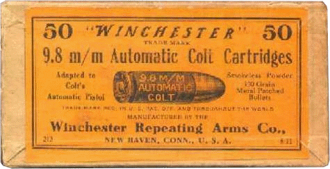 A box of 9.8mm Colt Auto cartridges.
